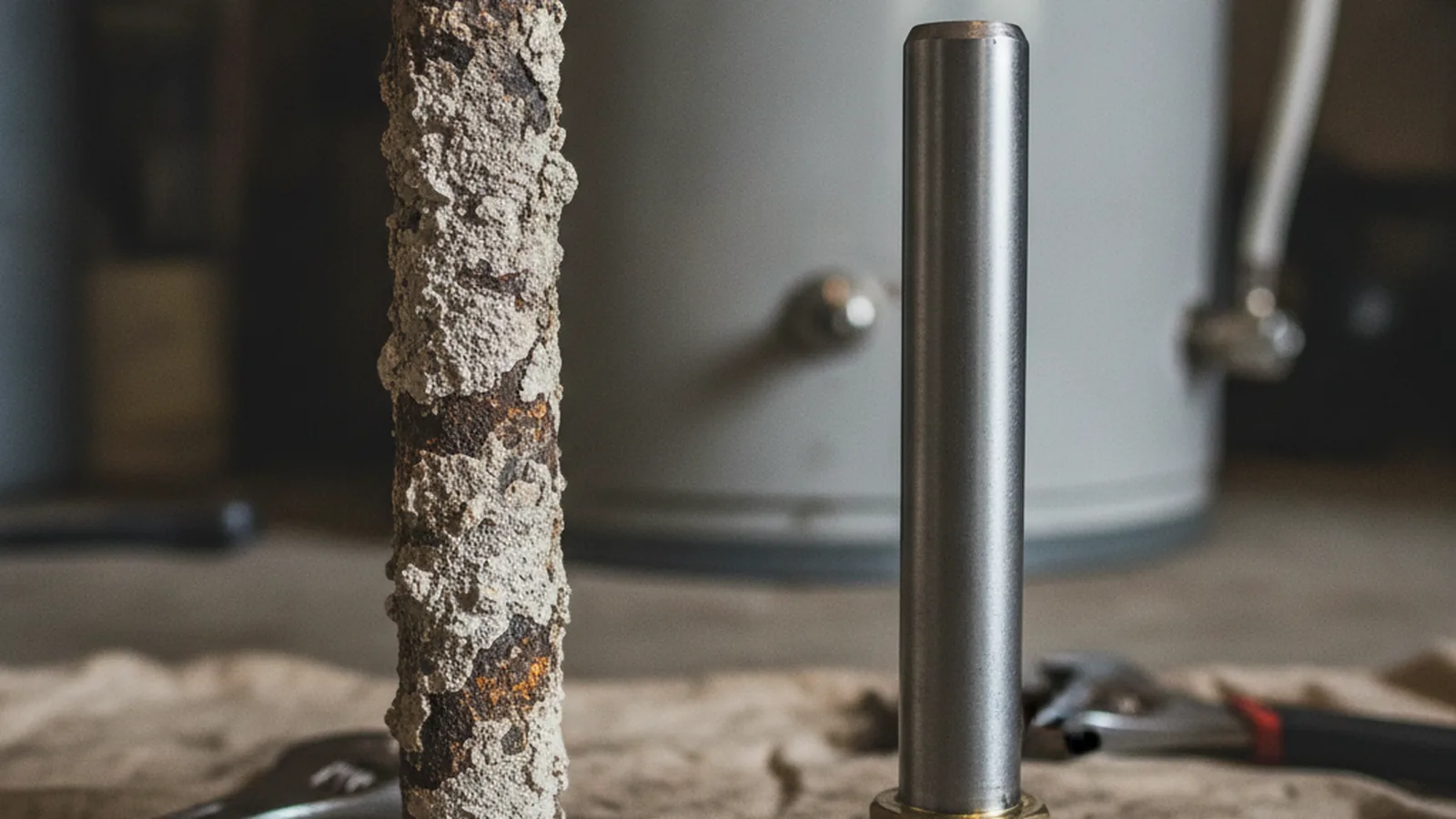 A heavily corroded anode rod caked in mineral scale beside a new replacement rod on a workshop cloth