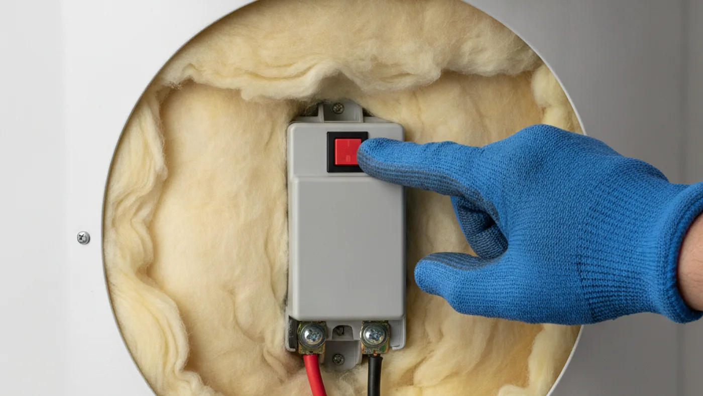Gloved finger pressing the red reset button on the upper thermostat of an electric water heater with the access panel removed