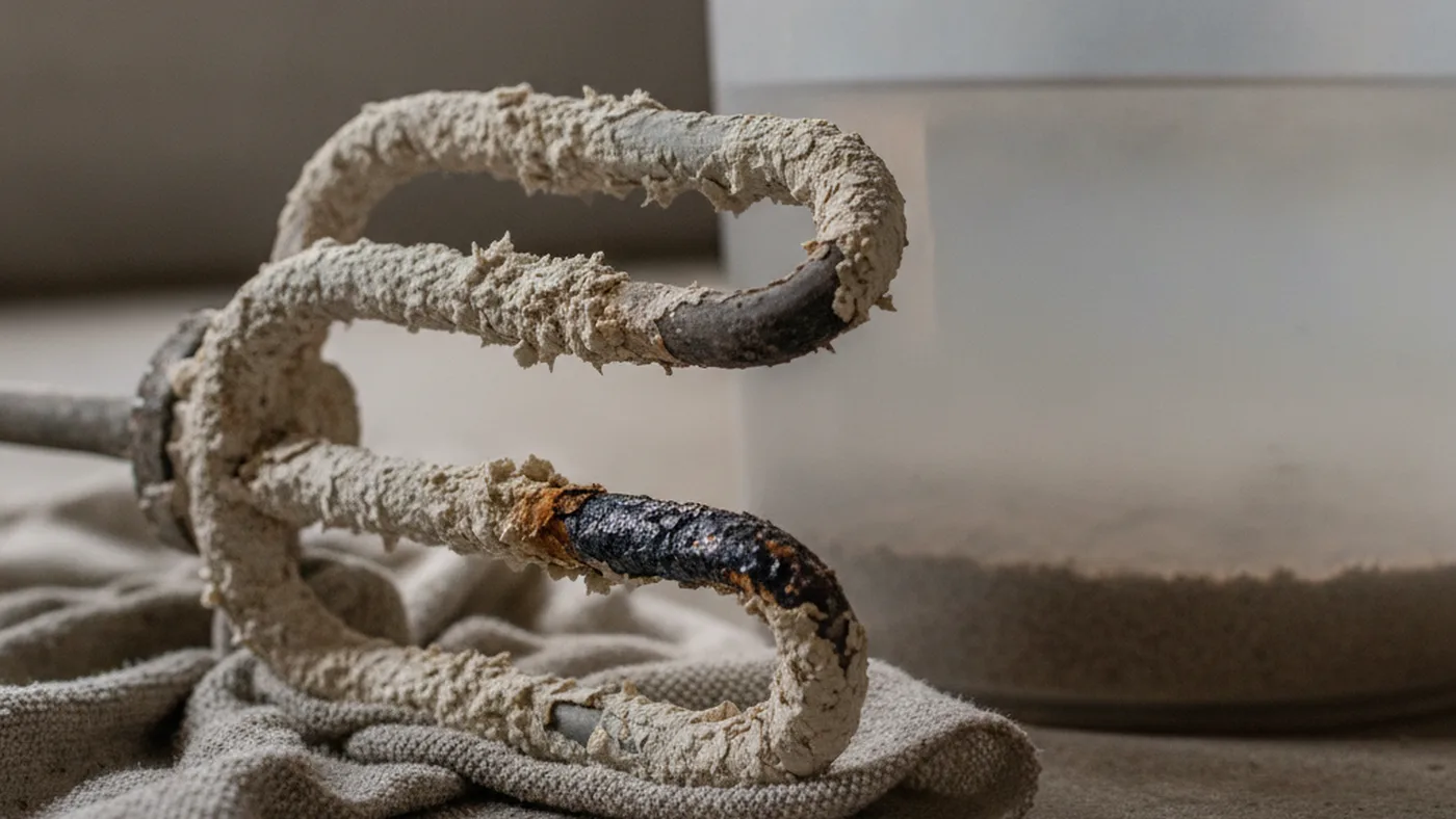Burned-out water heating element crusted with mineral scale beside a bucket of drained sediment