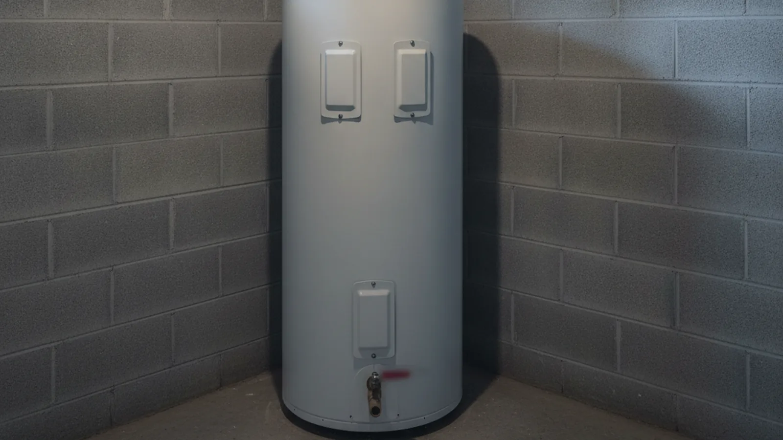Electric water heater not heating, standing in the corner of an unfinished basement with its access panels closed
