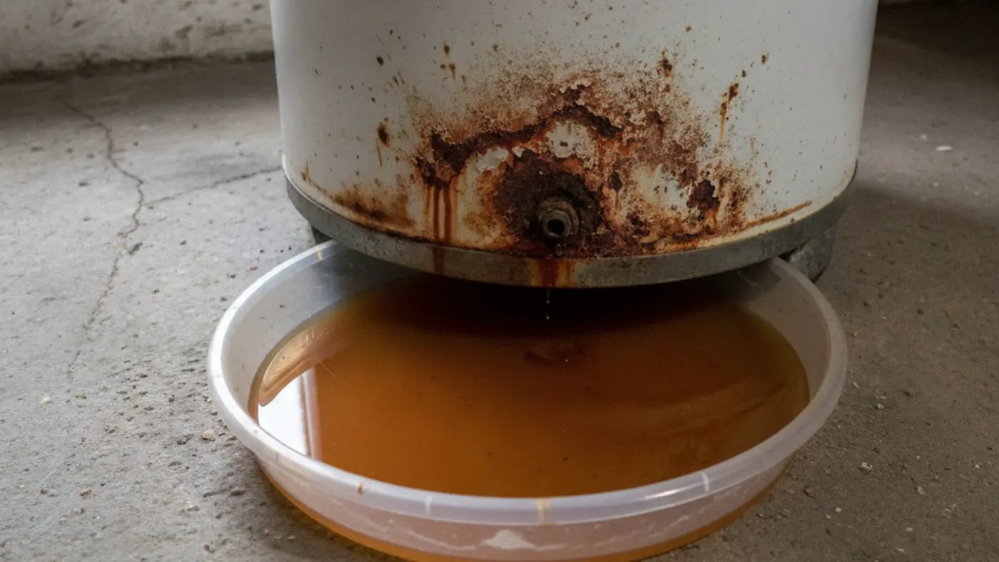 Rust-stained base of an old electric water heater with rusty water pooled in a pan beneath it