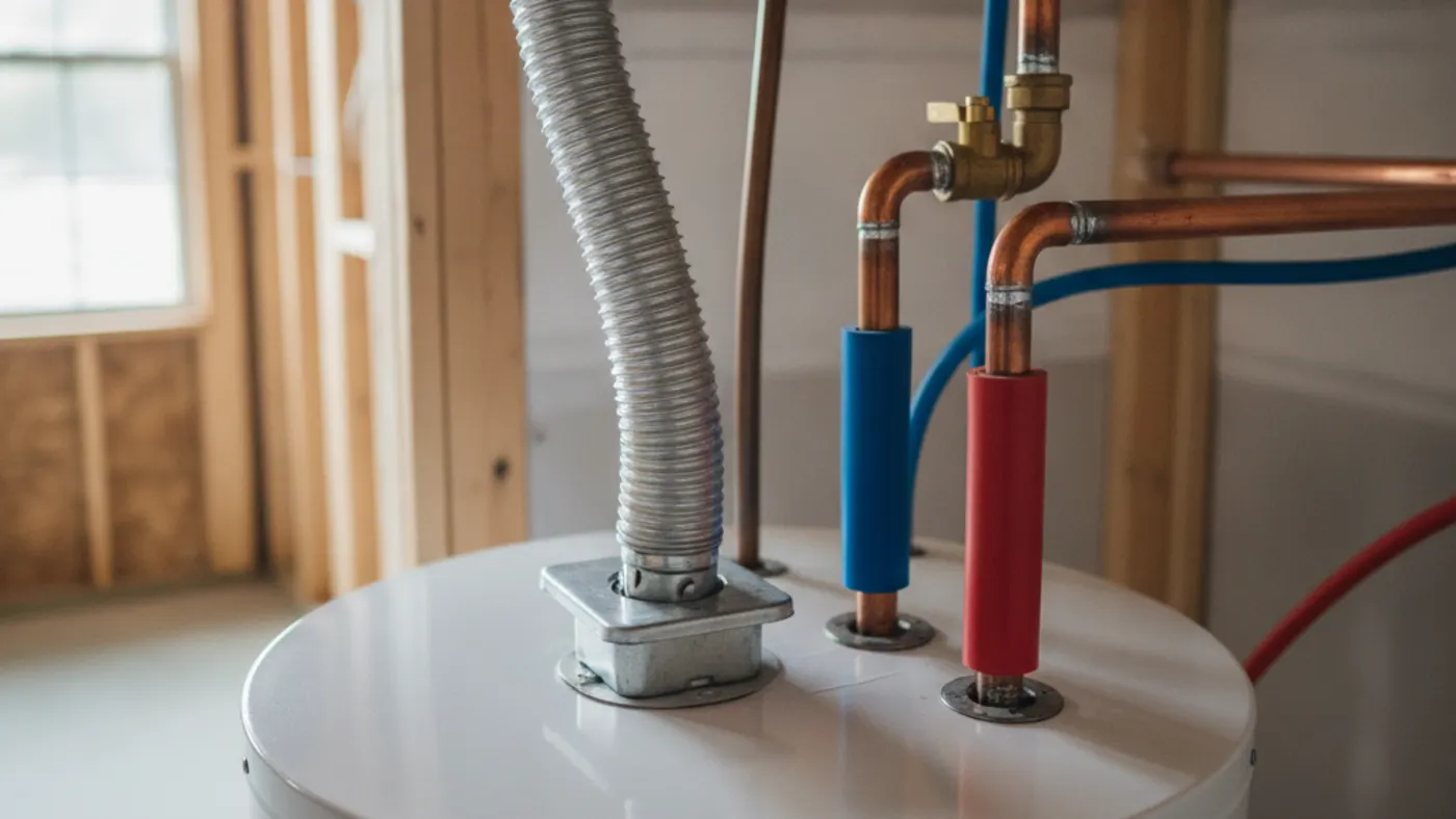 Flexible metal electrical conduit entering the junction box on top of an electric water heater