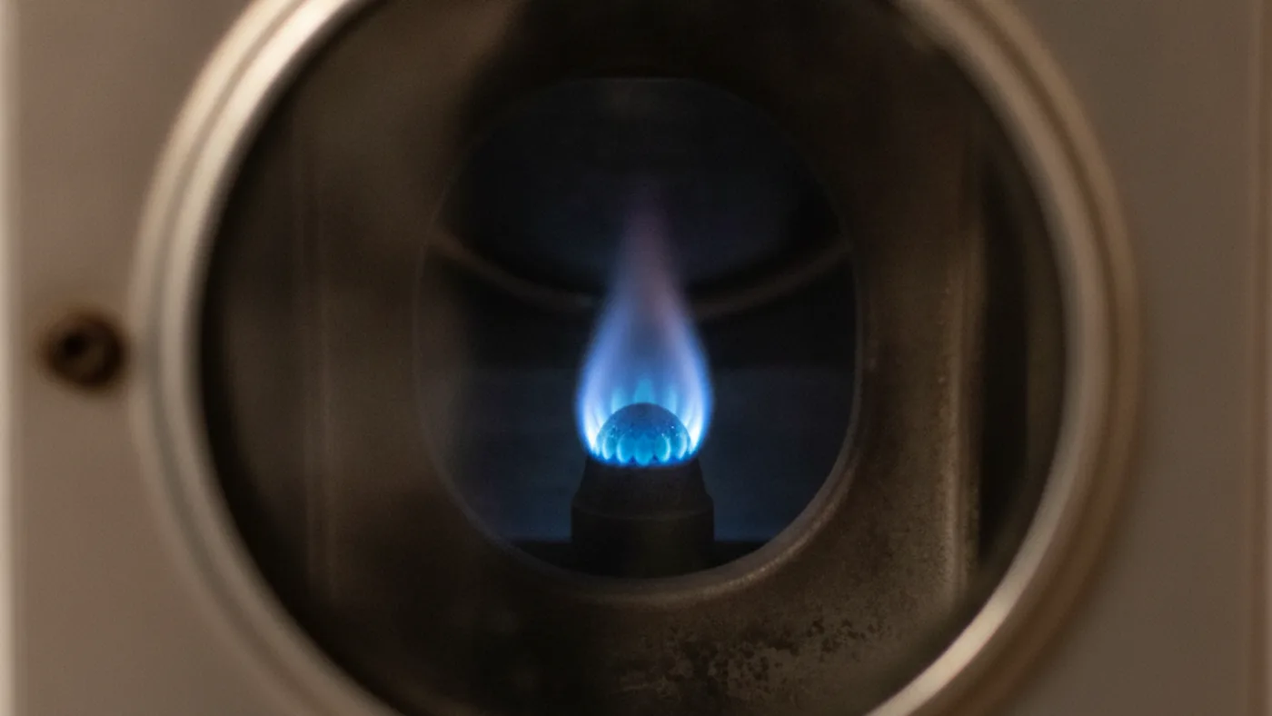 Blue gas flame seen through the sight glass at the bottom of a gas water heater