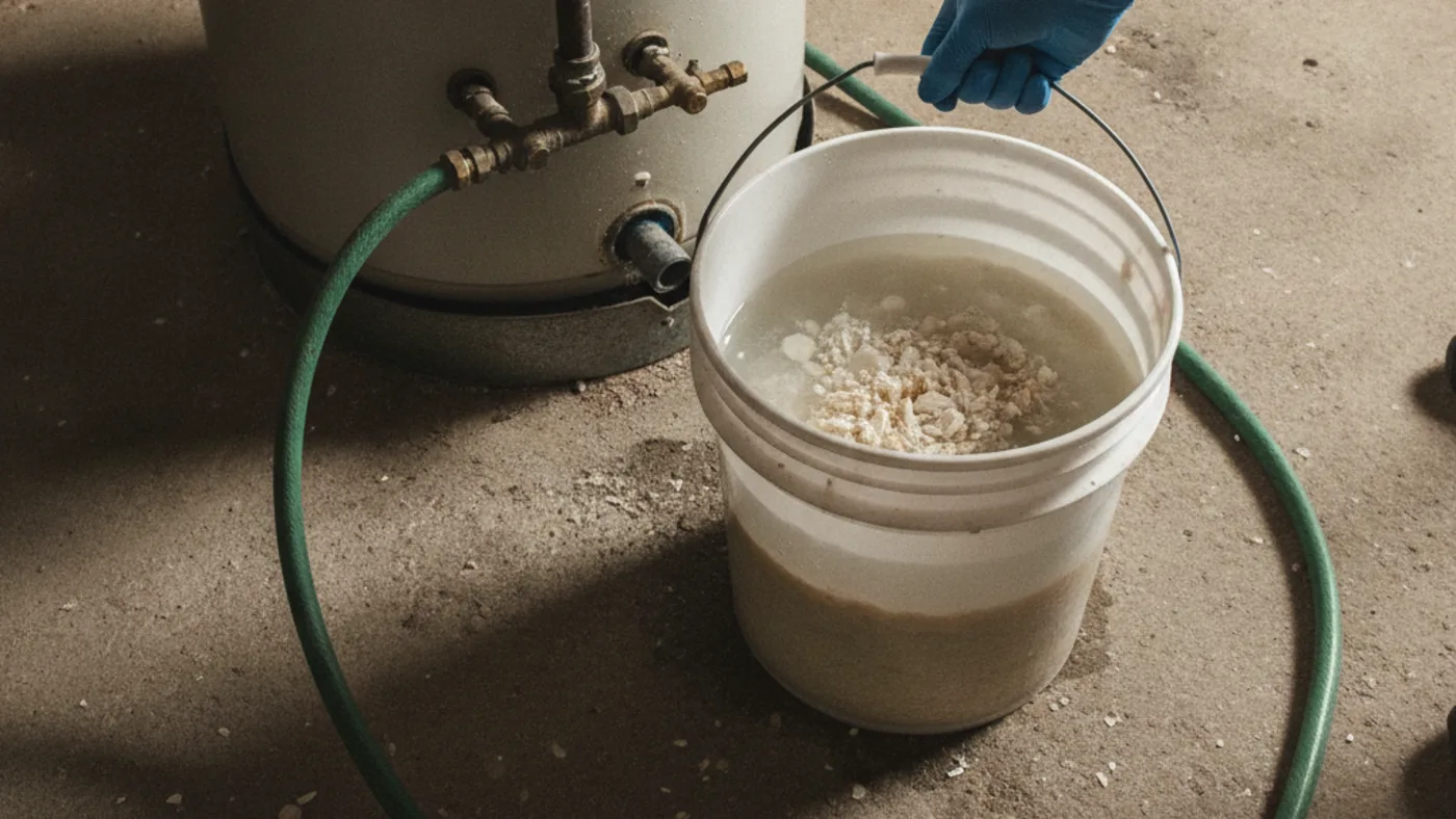 Bucket of drained water with mineral sediment beside the drain valve of a gas water heater