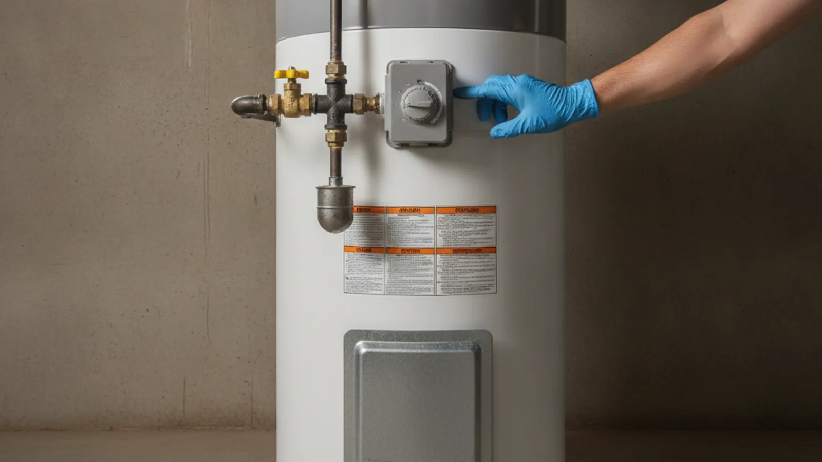 Gloved hand reaching for the gas control knob on a gas tank water heater in a basement
