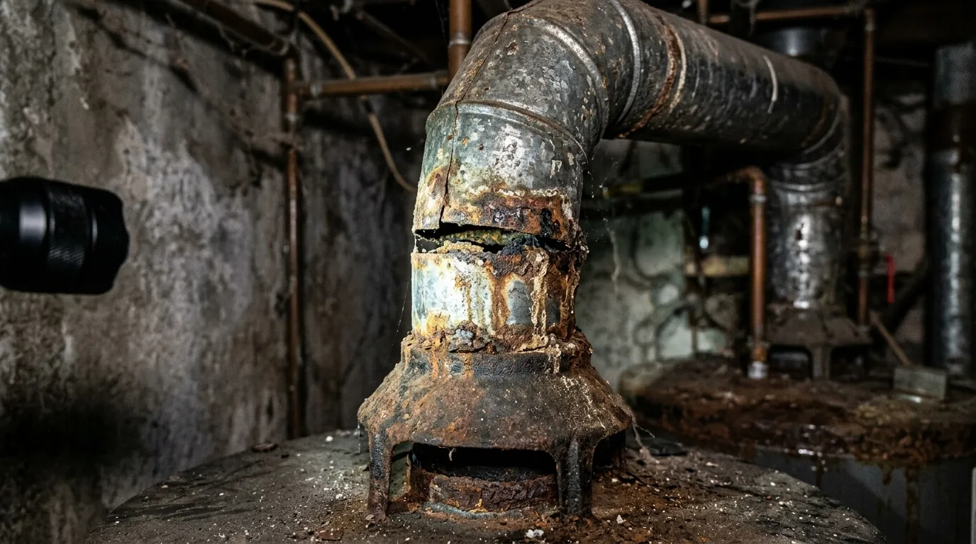 Rusted metal flue pipe joint above the draft hood of an old gas water heater