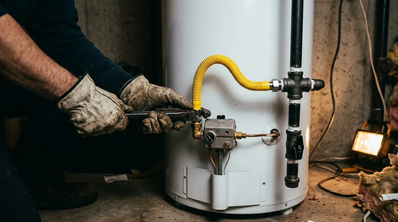Plumber connecting a flexible gas line to the gas valve of a new water heater