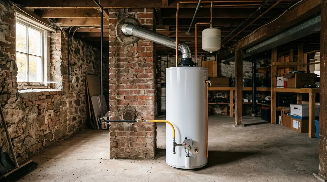 New white gas tank water heater with a metal flue pipe and expansion tank installed in a Wilmington basement