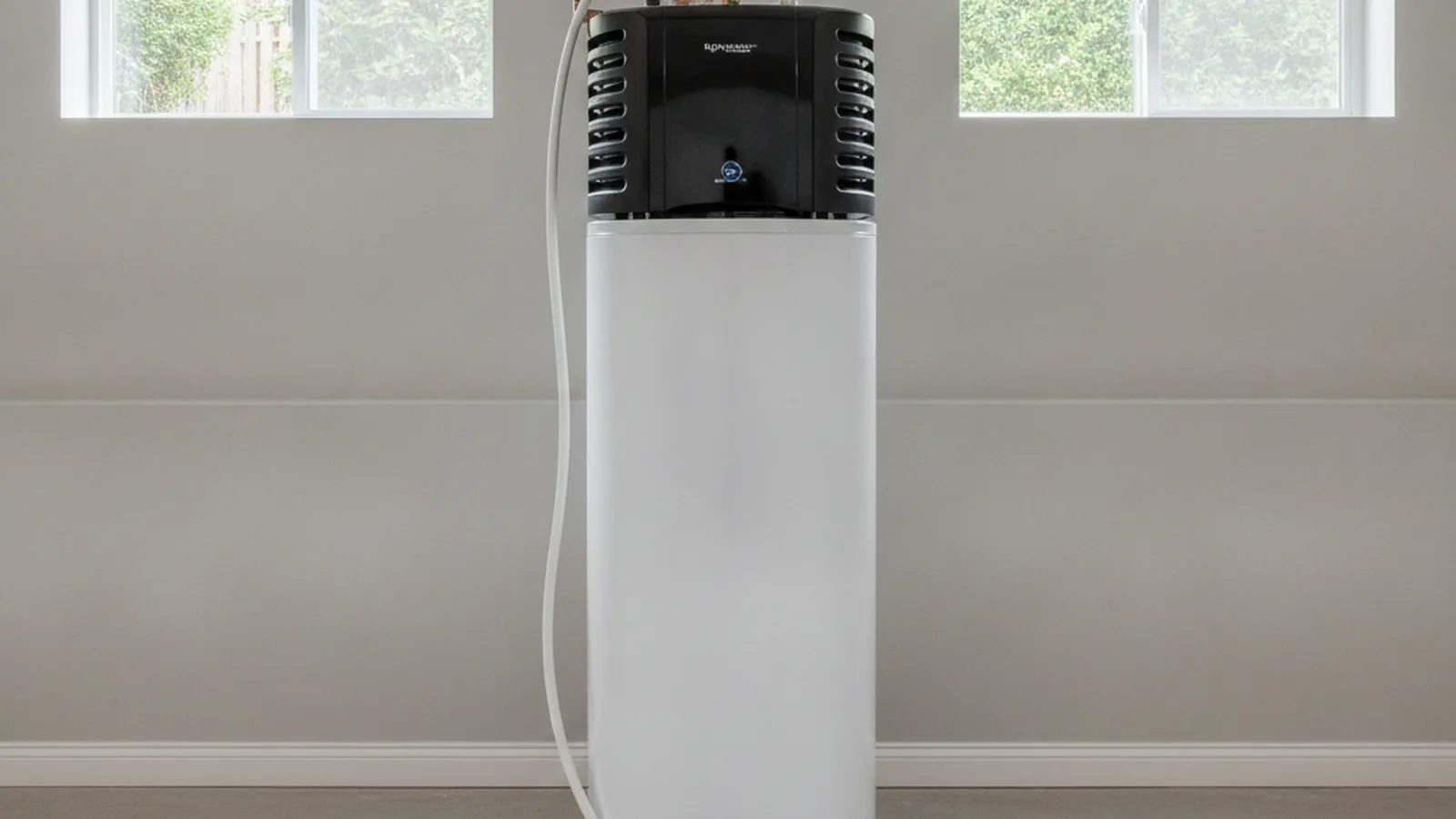 Hybrid heat pump water heater in a basement with the compressor unit on top and a condensate line to a floor drain