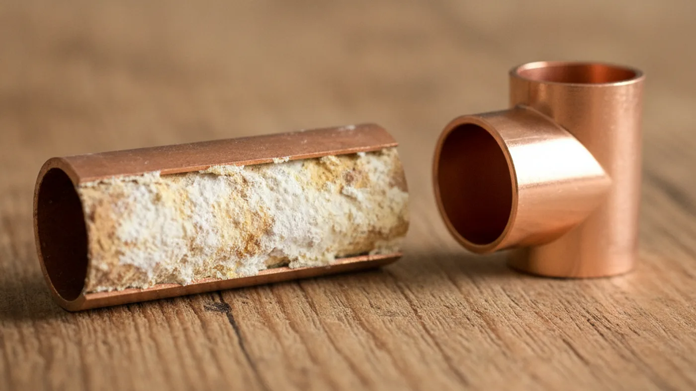 Cut copper pipe lined with thick white mineral scale from hard water next to a clean copper fitting
