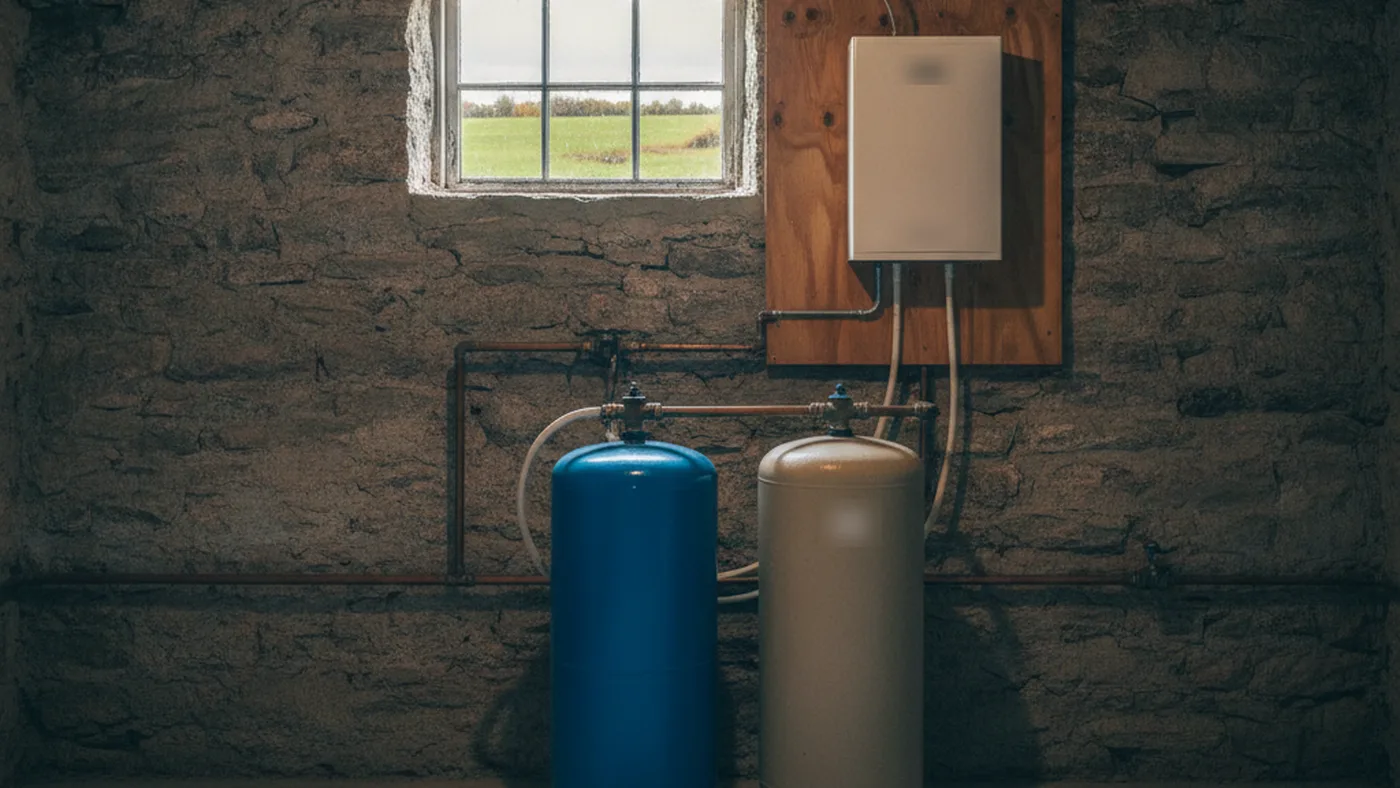 Well pressure tank and water softener connected to a wall-mounted tankless water heater in a stone farmhouse basement