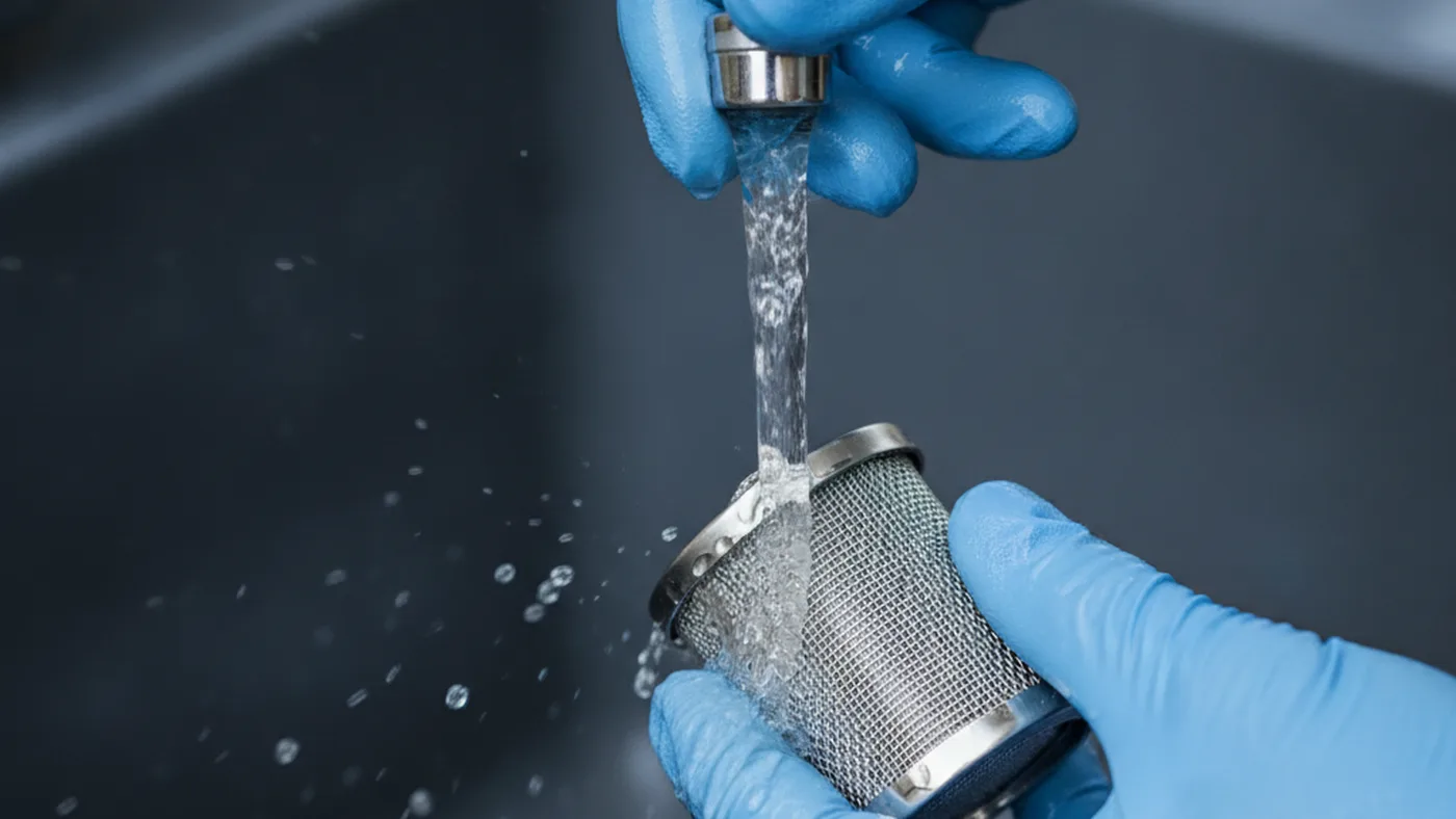 Gloved hands rinsing mineral grit out of a tankless water heater inlet filter screen under a tap
