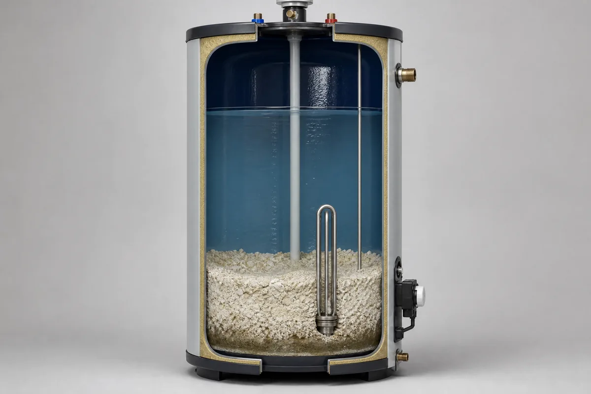Cutaway view of a water heater tank interior showing a thick layer of mineral sediment settled at the bottom