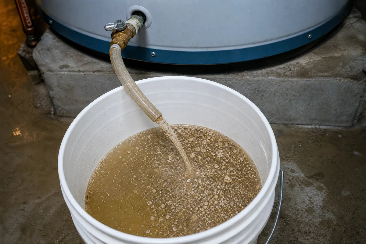 Cloudy sediment-laden water draining from a water heater drain valve into a white bucket