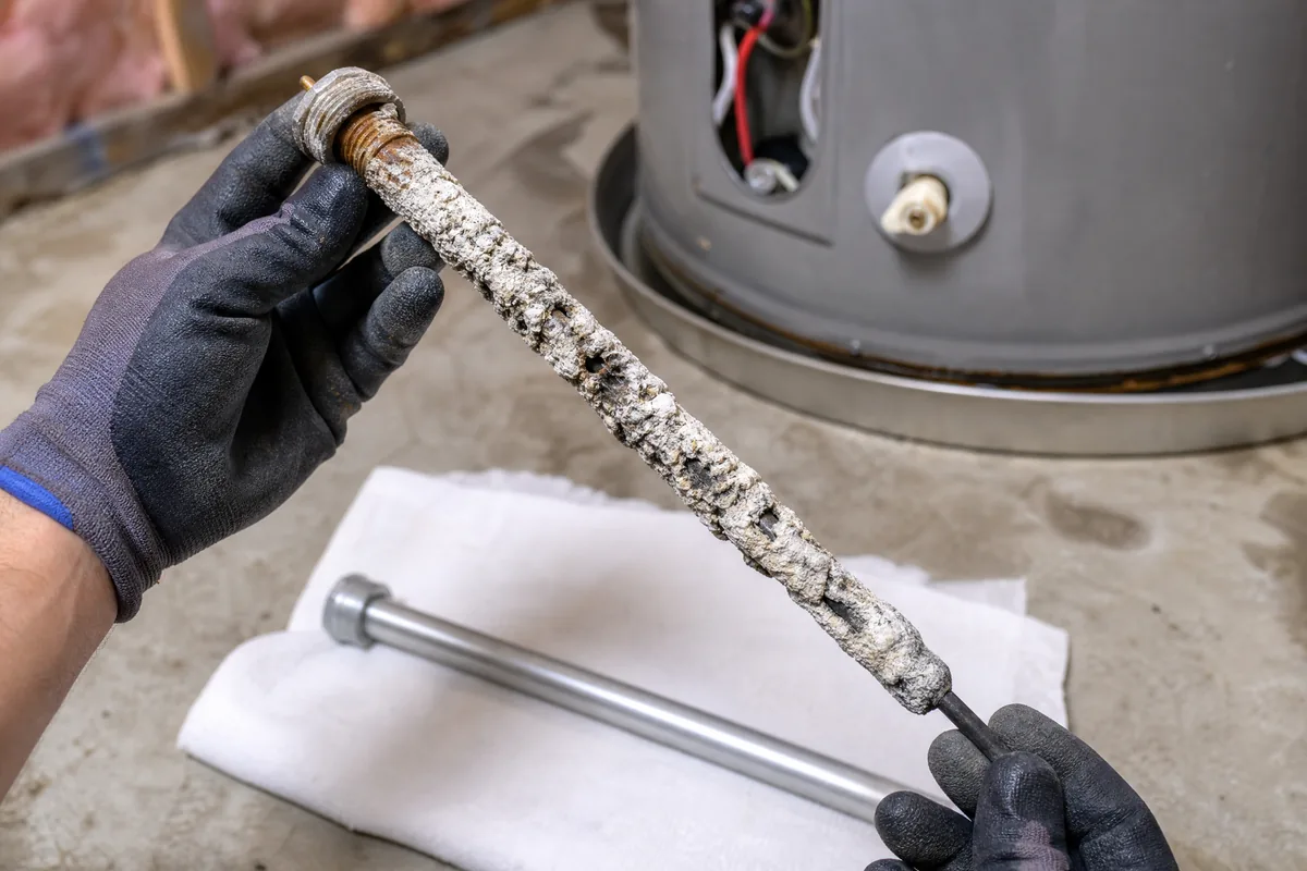 Plumber holding a heavily corroded sacrificial anode rod removed from a water heater beside a new replacement rod