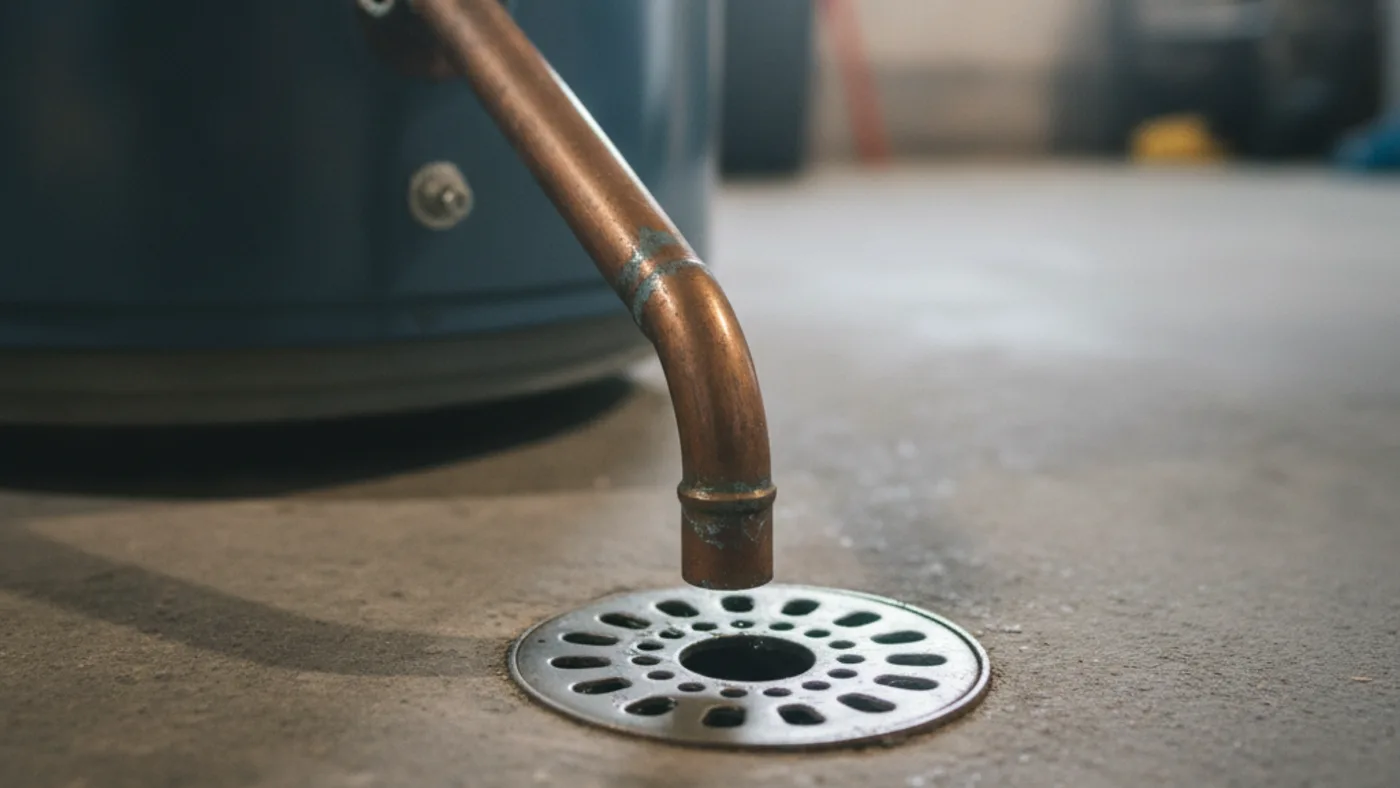 Copper relief valve discharge pipe ending just above a floor drain beside a water heater in a basement