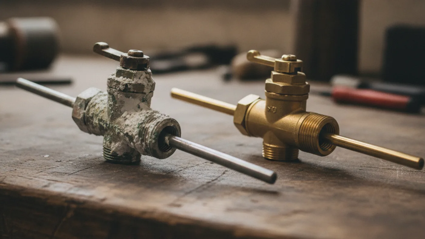 Old water heater relief valve crusted with mineral scale and corrosion next to a new brass relief valve on a workbench