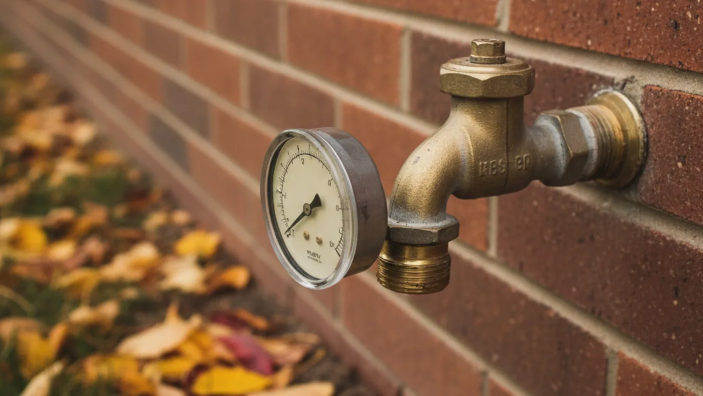 Water pressure test gauge threaded onto an outdoor hose bib on a brick house wall in autumn