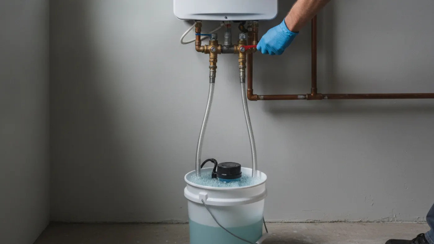 Hoses from a small pump in a bucket connected to the service valves under a wall-mounted tankless water heater for descaling