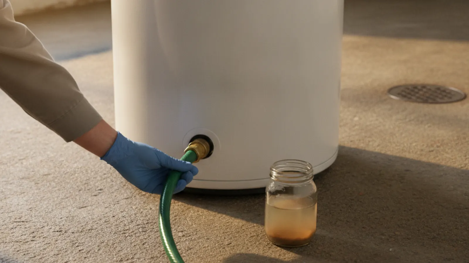 Garden hose connected to the drain valve of a tank water heater during a yearly flush, with a jar of sediment-filled water beside it