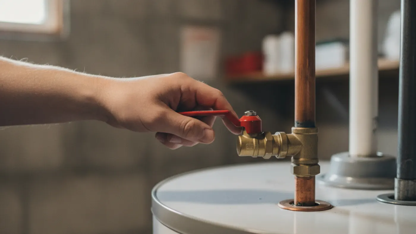 Hand turning the red lever of the cold water shut-off valve above a tank water heater