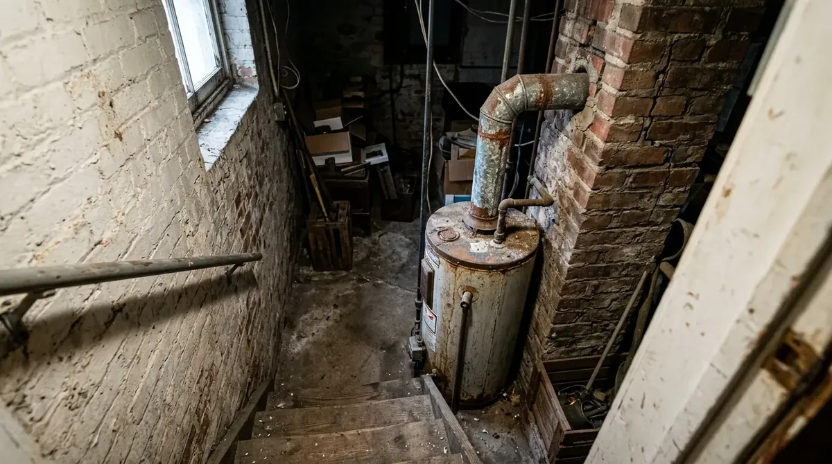 Narrow basement stairway in an older rowhome leading to a gas water heater with a corroded flue pipe