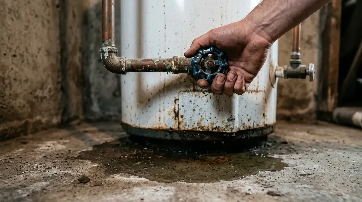 Hand closing the cold water shut-off valve above a leaking tank water heater