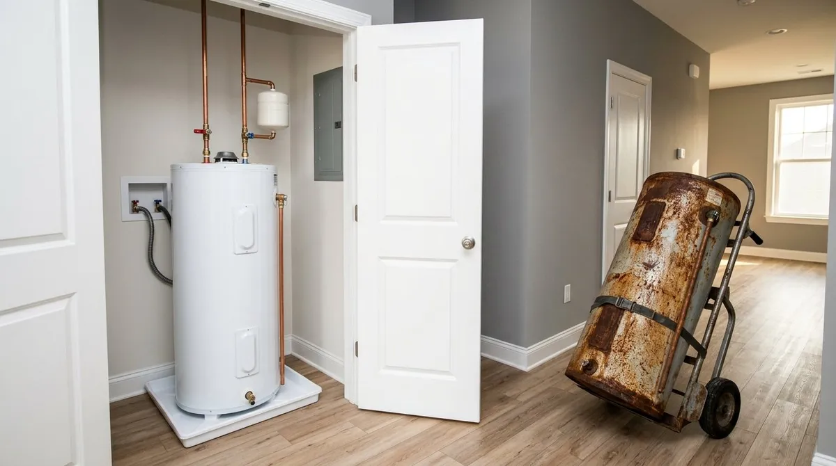 New tank water heater installed in a utility closet with the old rusted tank on a hand truck ready to go