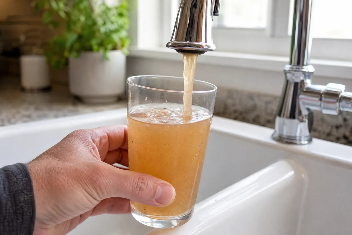 Rust-colored discolored hot water filling a clear glass from a kitchen faucet