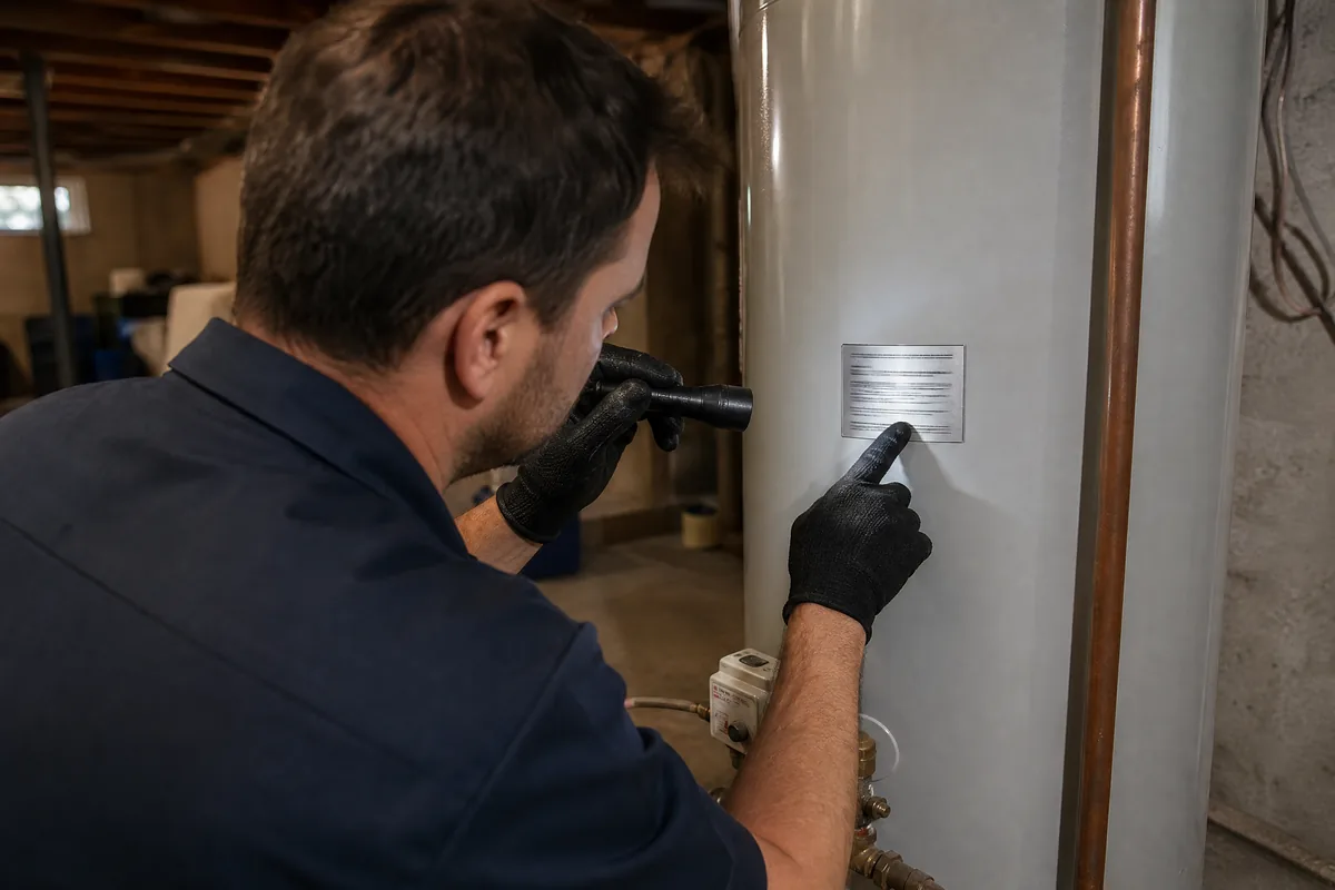 Licensed plumber reading the serial number data plate on the side of a residential water heater to determine its age