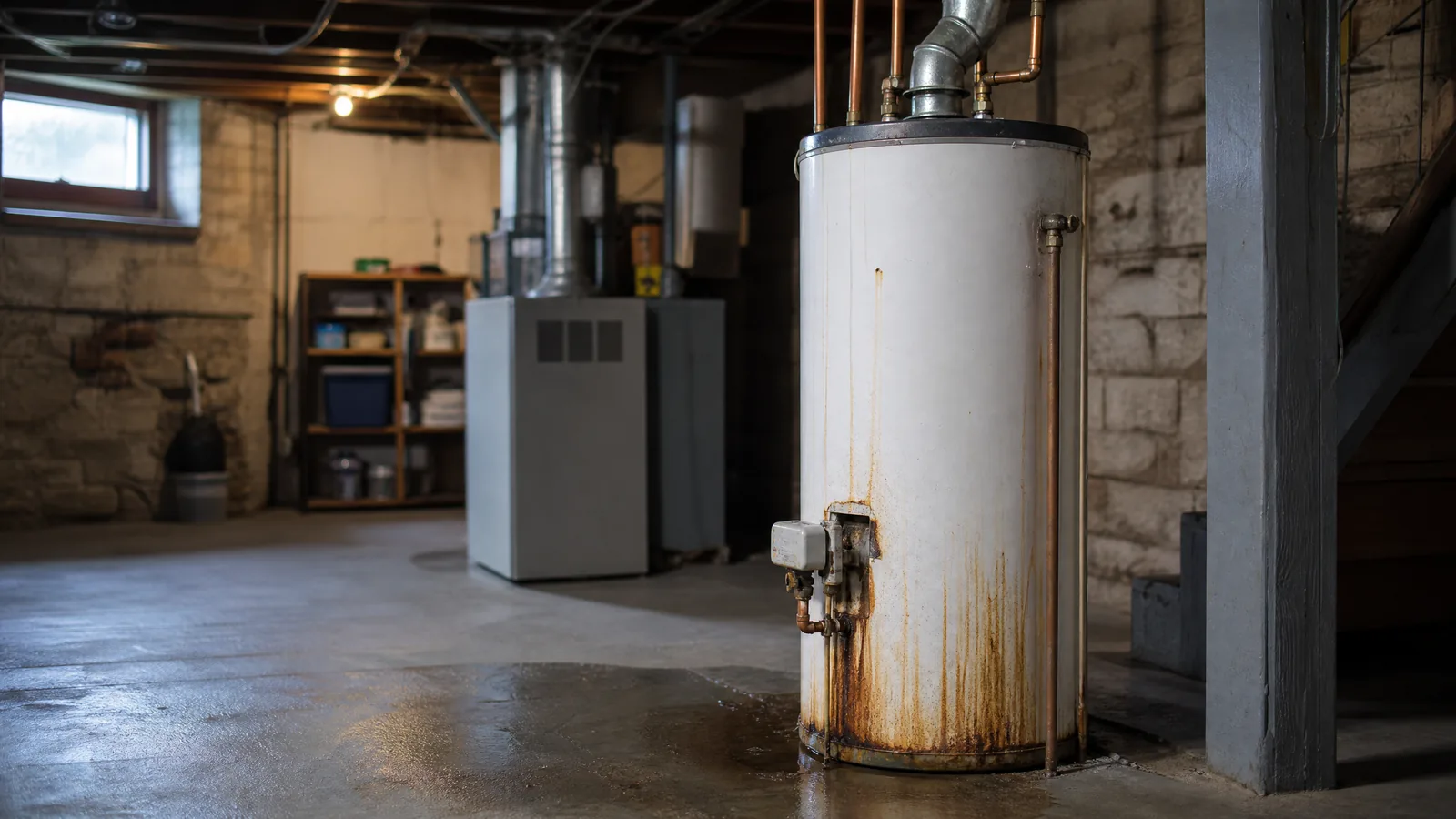 Aging rusted residential water heater with moisture at its base in an older Wilmington, DE basement