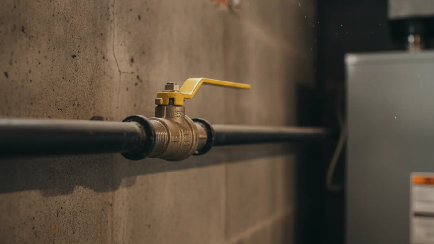 Yellow-handled gas shutoff valve on black iron gas pipe leading to a basement appliance
