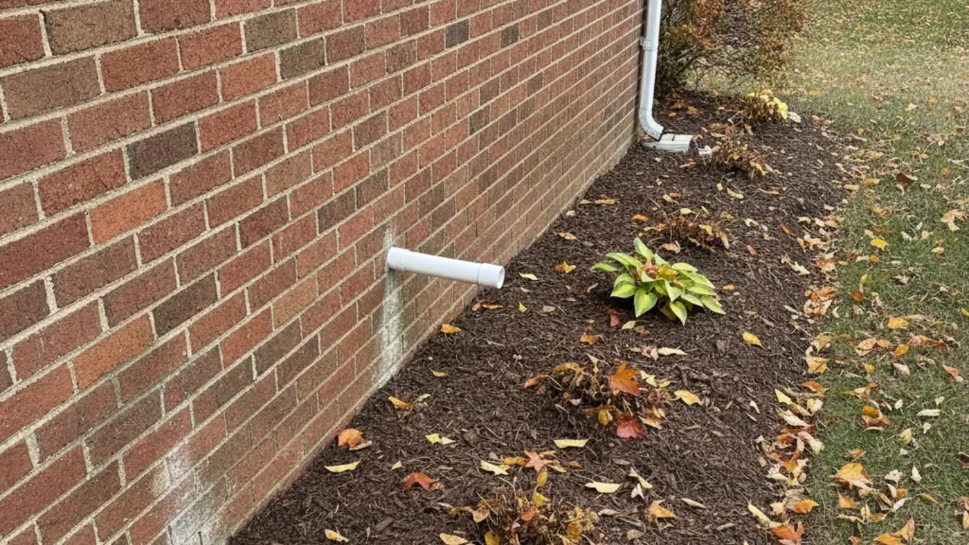 White PVC vent pipe exiting the brick side wall of a house above a mulched flower bed
