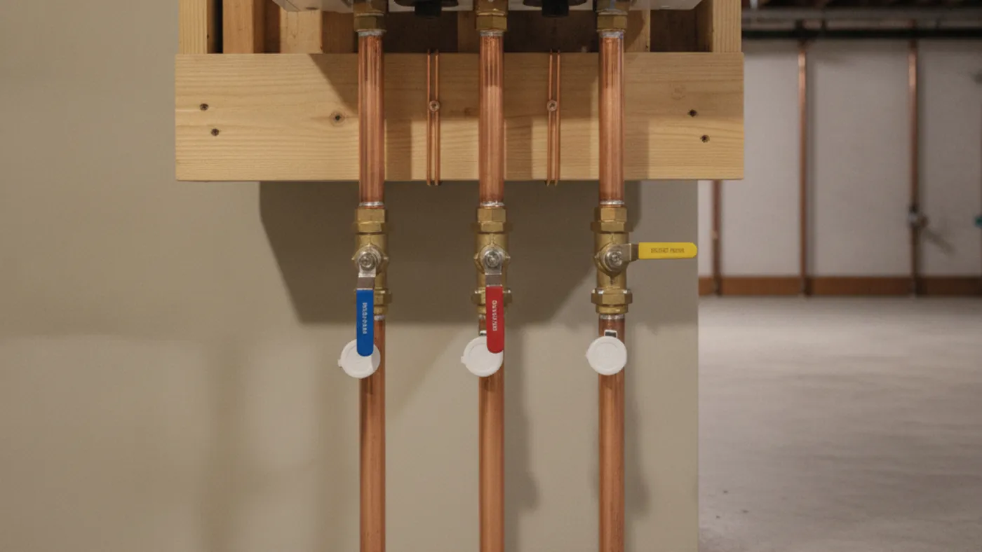Isolation valves with blue and red handles and service ports beneath a wall-mounted tankless water heater