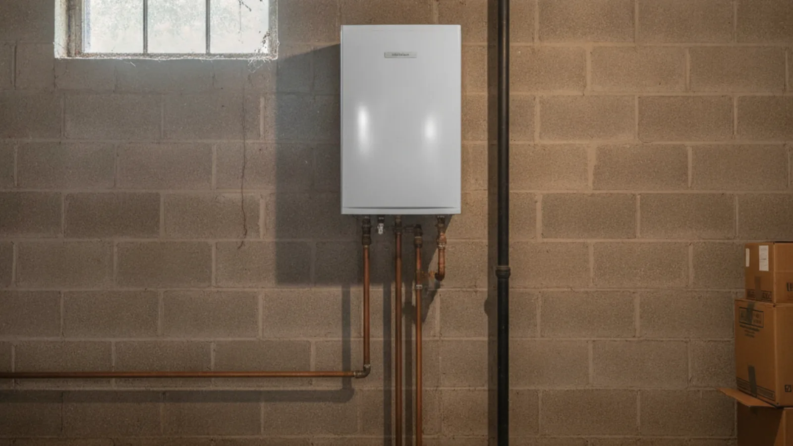 Newly installed tankless water heater mounted on a concrete block basement wall with copper and gas piping below