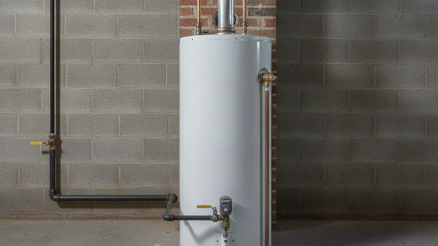 Traditional gas tank water heater installed in an older Wilmington basement