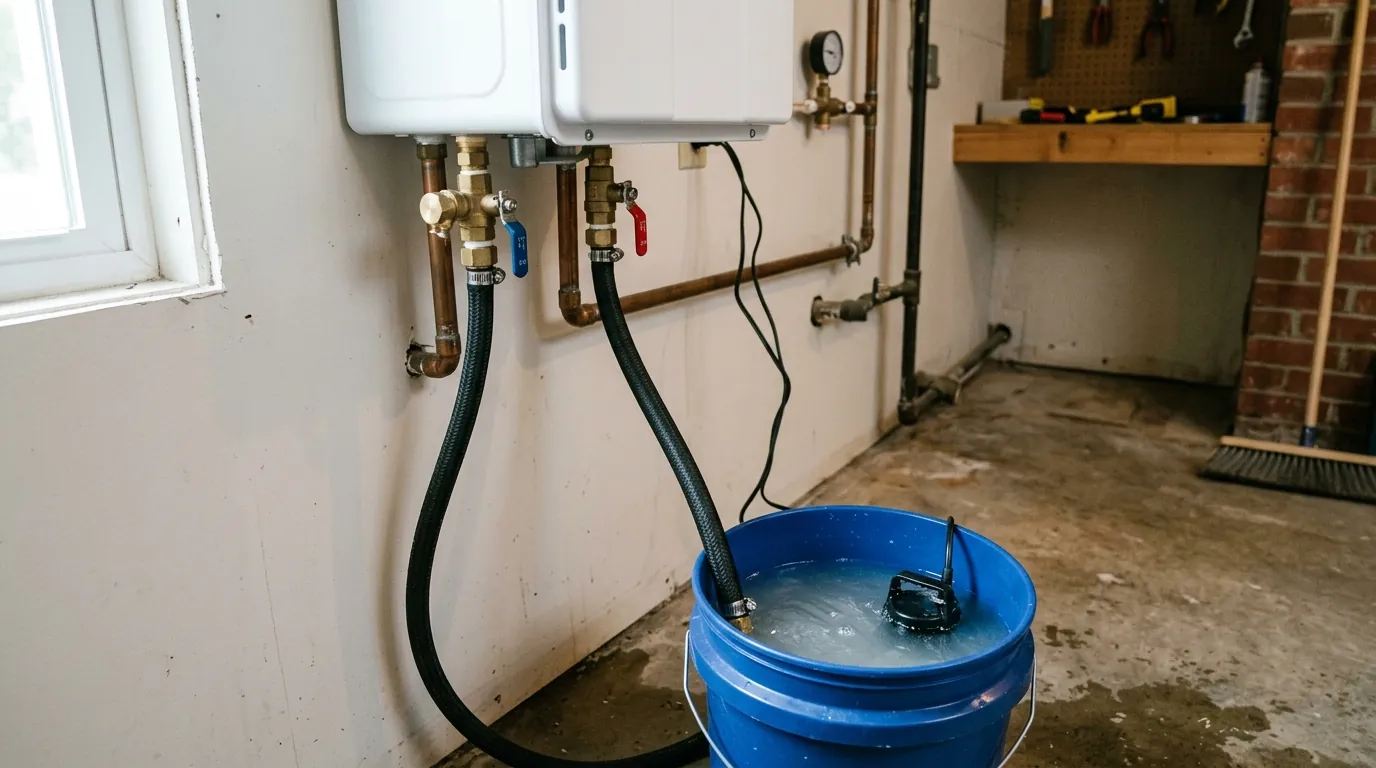 Hoses connected to the isolation valves of a tankless water heater for a descaling flush