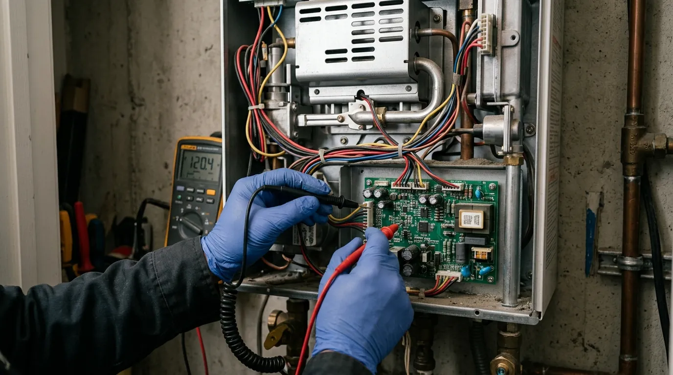 Technician testing components inside an open tankless water heater with a multimeter
