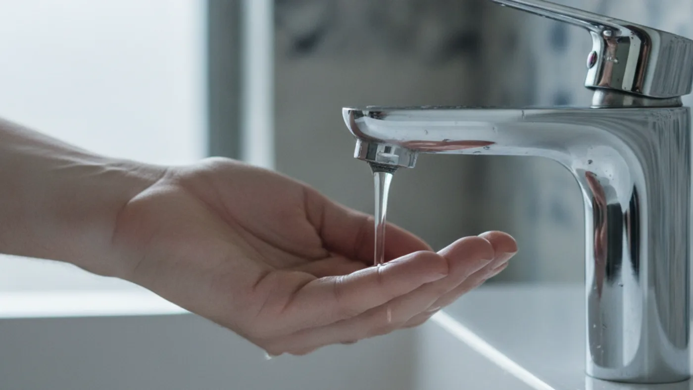 Hand under a bathroom faucet running a thin trickle of water