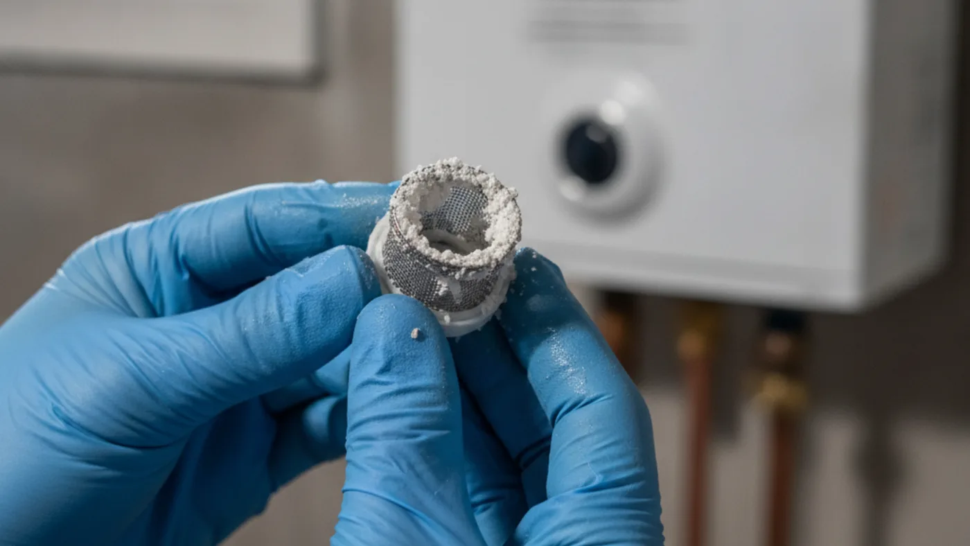Gloved hands holding a tankless water heater inlet filter screen clogged with mineral scale