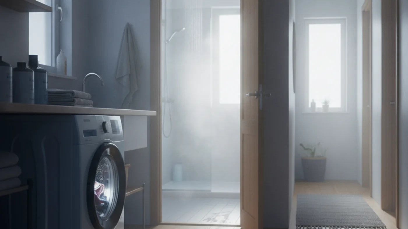 Washing machine running in a laundry area while a shower runs in the bathroom beyond