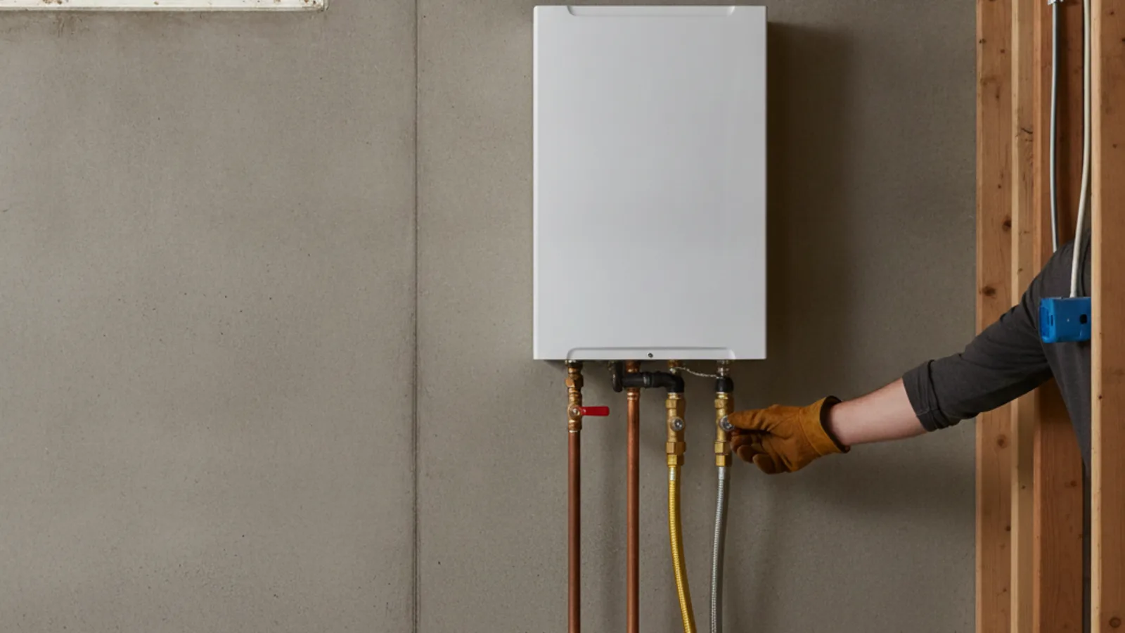 Wall-mounted tankless water heater in a basement with a gloved hand checking the service valves beneath it