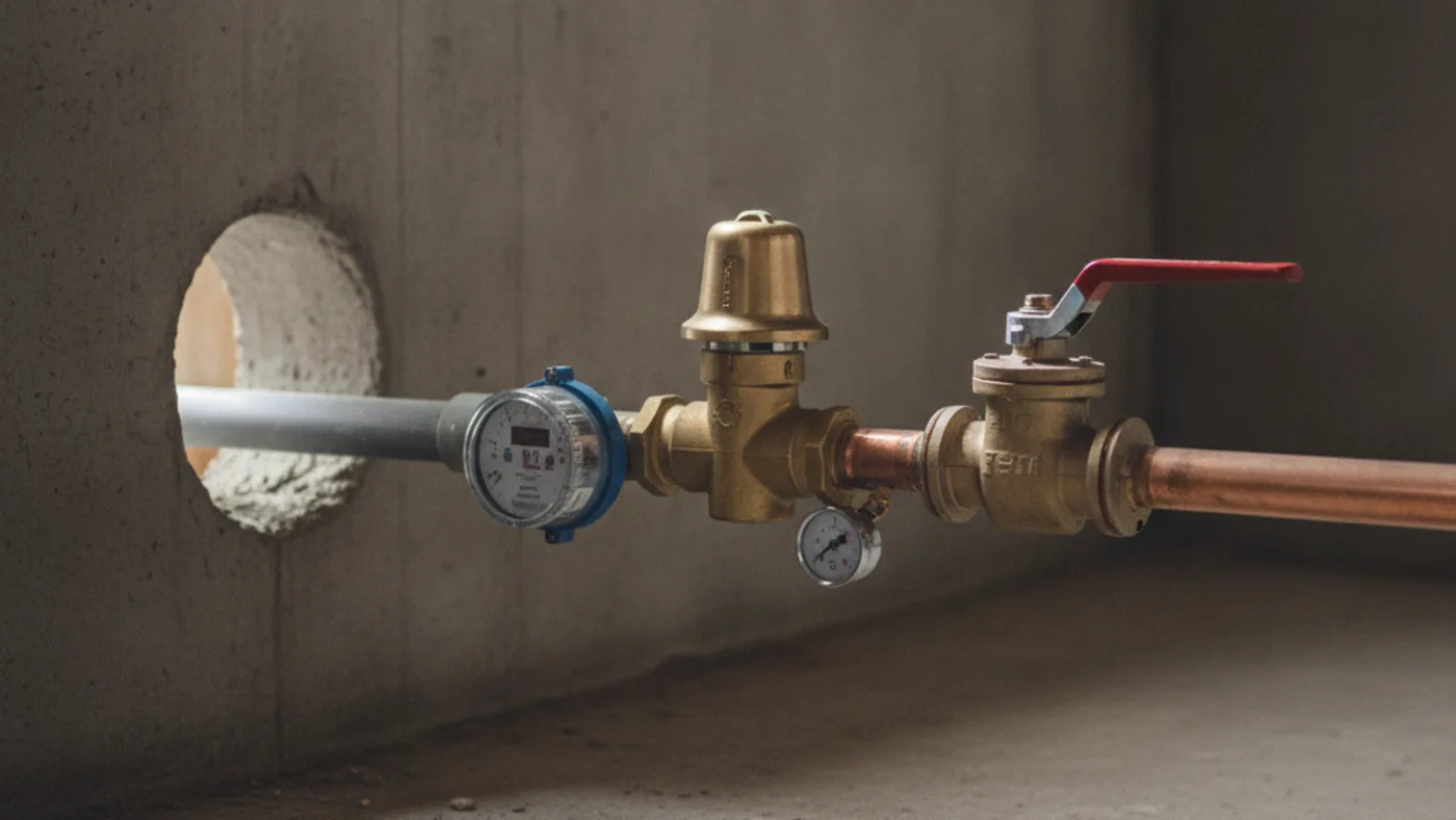 Water main entering a basement wall through a water meter, a bell-shaped pressure reducing valve and a main shutoff valve