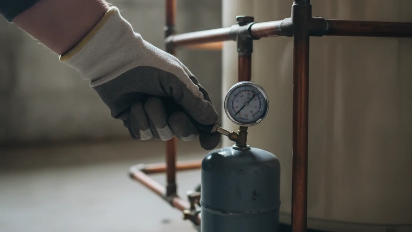 Gloved hand checking the air charge on a thermal expansion tank beside a water heater with a pressure gauge