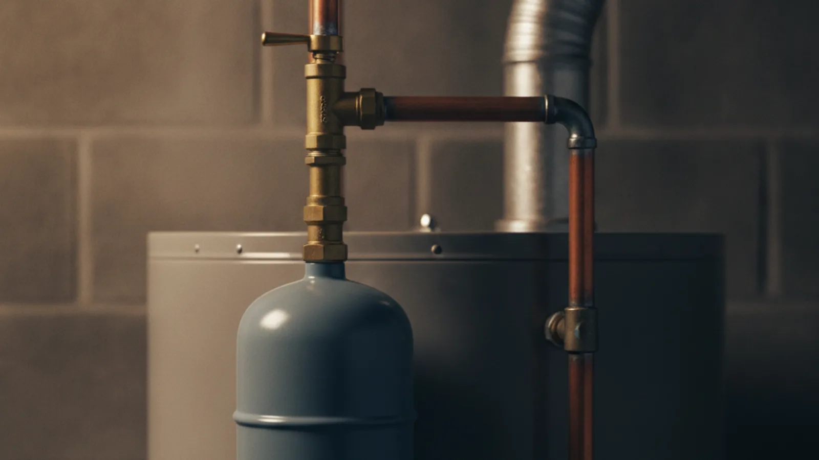 Water heater expansion tank hanging from a brass tee on the cold water supply line above a tank water heater in a basement