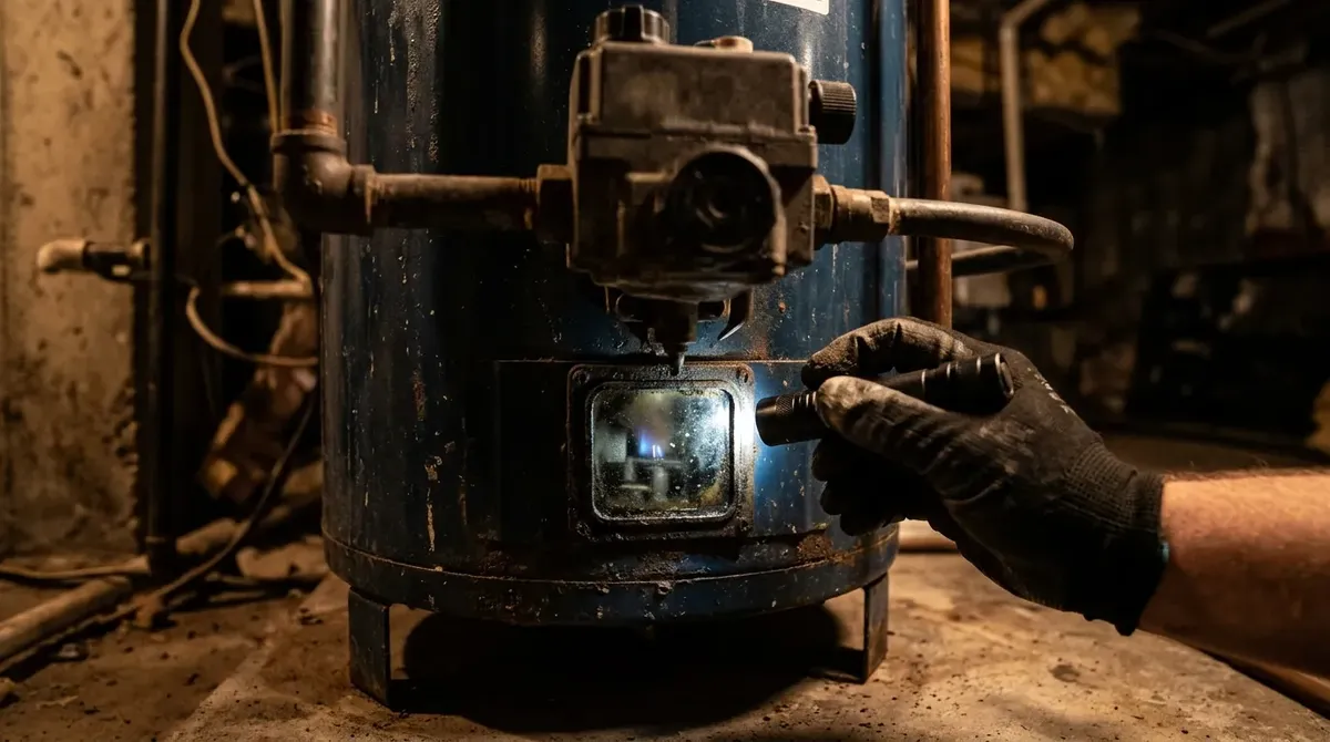 Flashlight shining on the sight glass at the bottom of a gas water heater to check the pilot