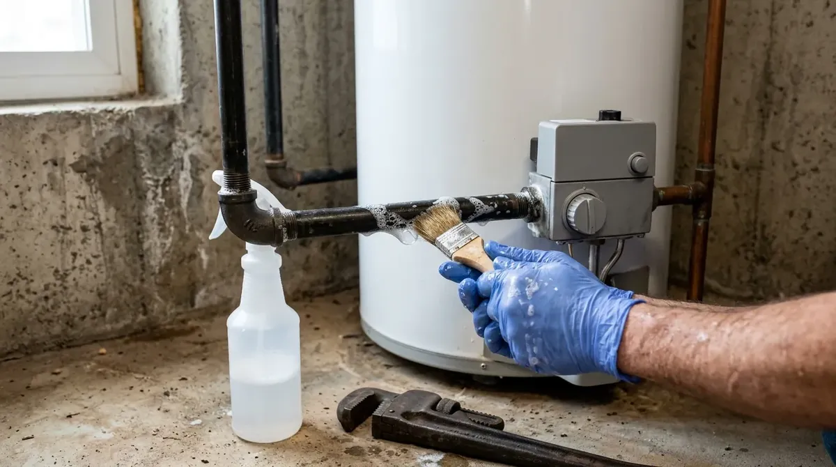Plumber brushing leak test solution onto the gas connection of a new water heater gas valve
