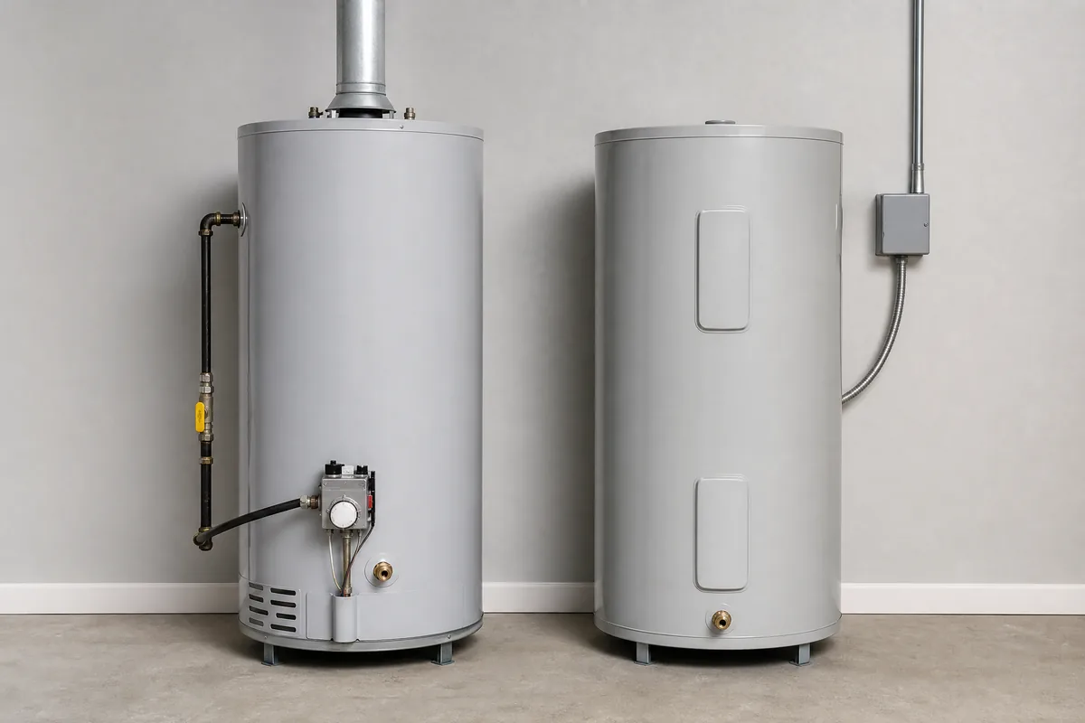 Gas water heater with flue venting beside an electric water heater with conduit, shown side by side for comparison