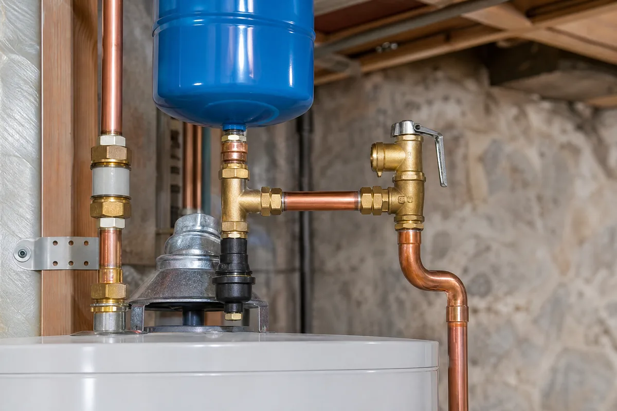Thermal expansion tank, brass temperature and pressure relief valve, and copper discharge piping on a code-compliant water heater installation