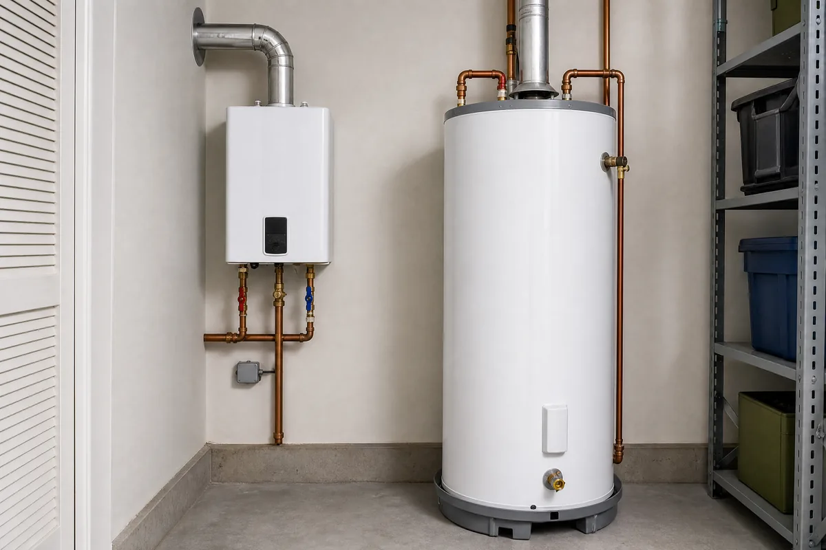 Wall-mounted tankless water heater installed beside a traditional storage tank water heater in a utility room